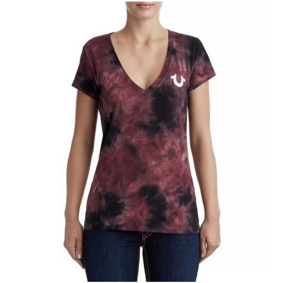 True Religion Tie-Dye Maroon Black V-Neck Classic T-Shirt Women’s Size Medium - Picture 1 of 6